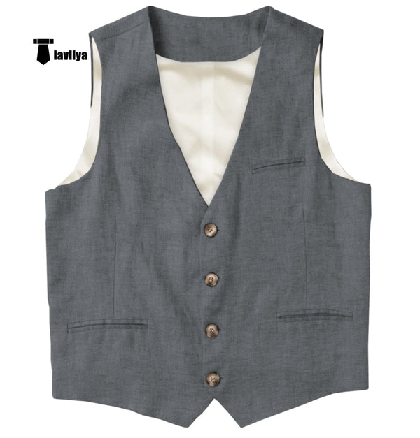 Tiavllya Tiavllya Casual Mens waistcoat Flat Linen V Neck Waistcoat For Wedding