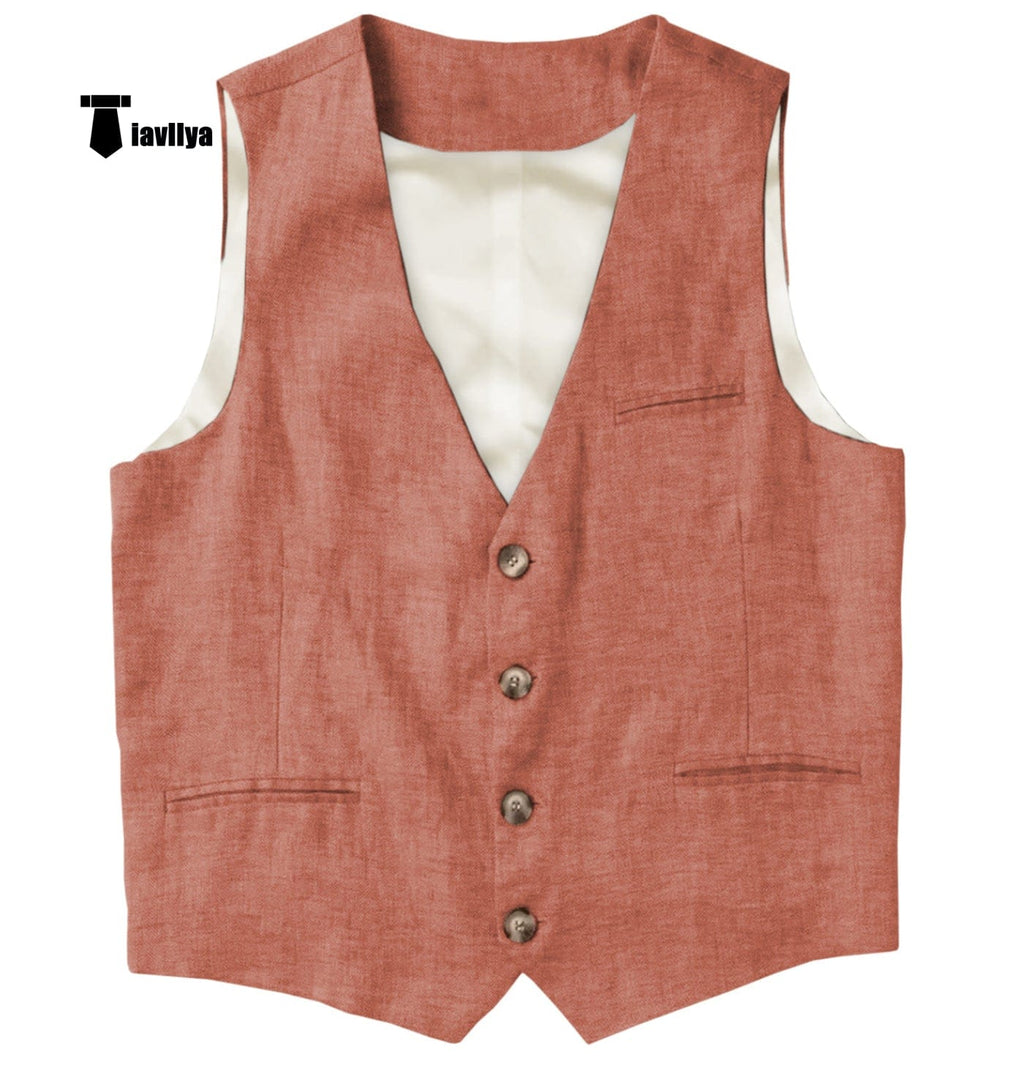Tiavllya Tiavllya Casual Mens waistcoat Flat Linen V Neck Waistcoat For Wedding