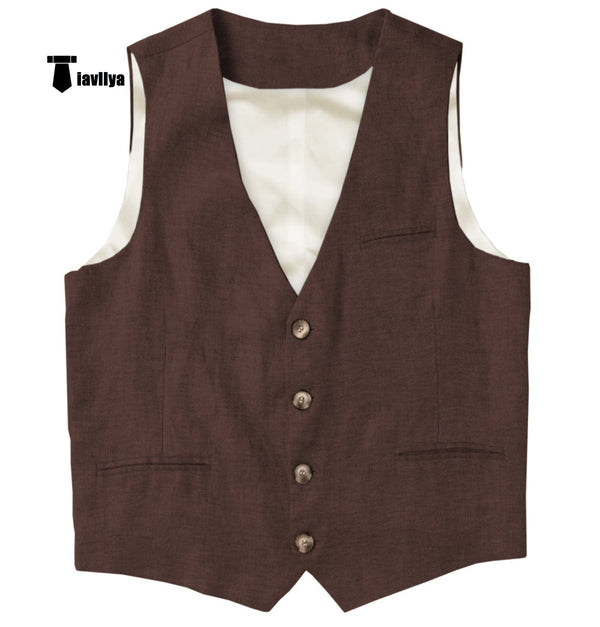 Tiavllya Tiavllya Casual Mens waistcoat Flat Linen V Neck Waistcoat For Wedding
