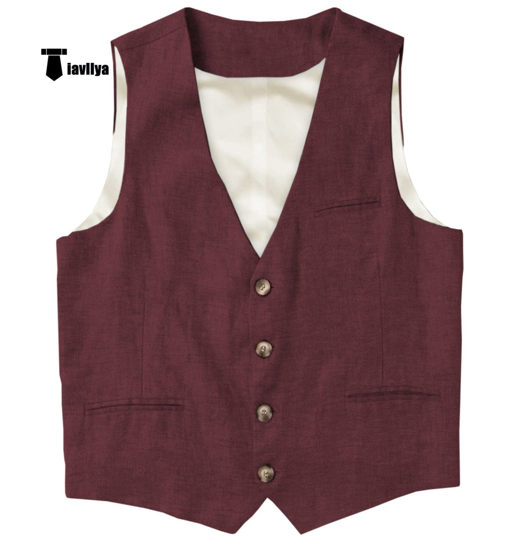 Tiavllya Tiavllya Casual Mens waistcoat Flat Linen V Neck Waistcoat For Wedding