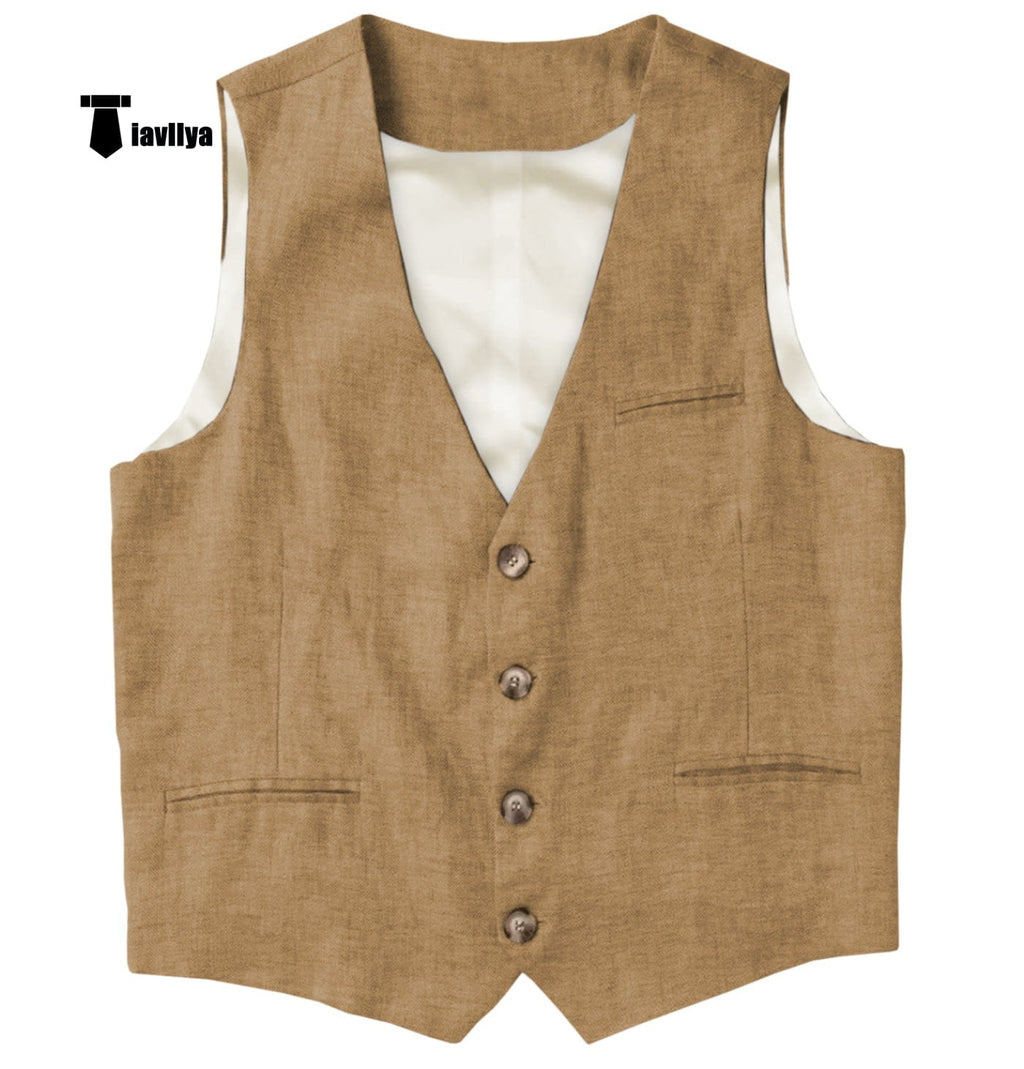 Tiavllya Tiavllya Casual Mens waistcoat Flat Linen V Neck Waistcoat For Wedding
