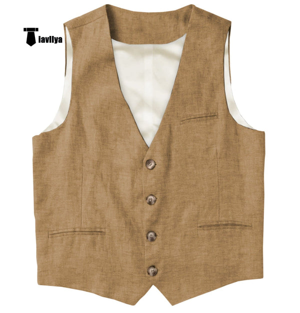 Tiavllya Tiavllya Casual Mens waistcoat Flat Linen V Neck Waistcoat For Wedding