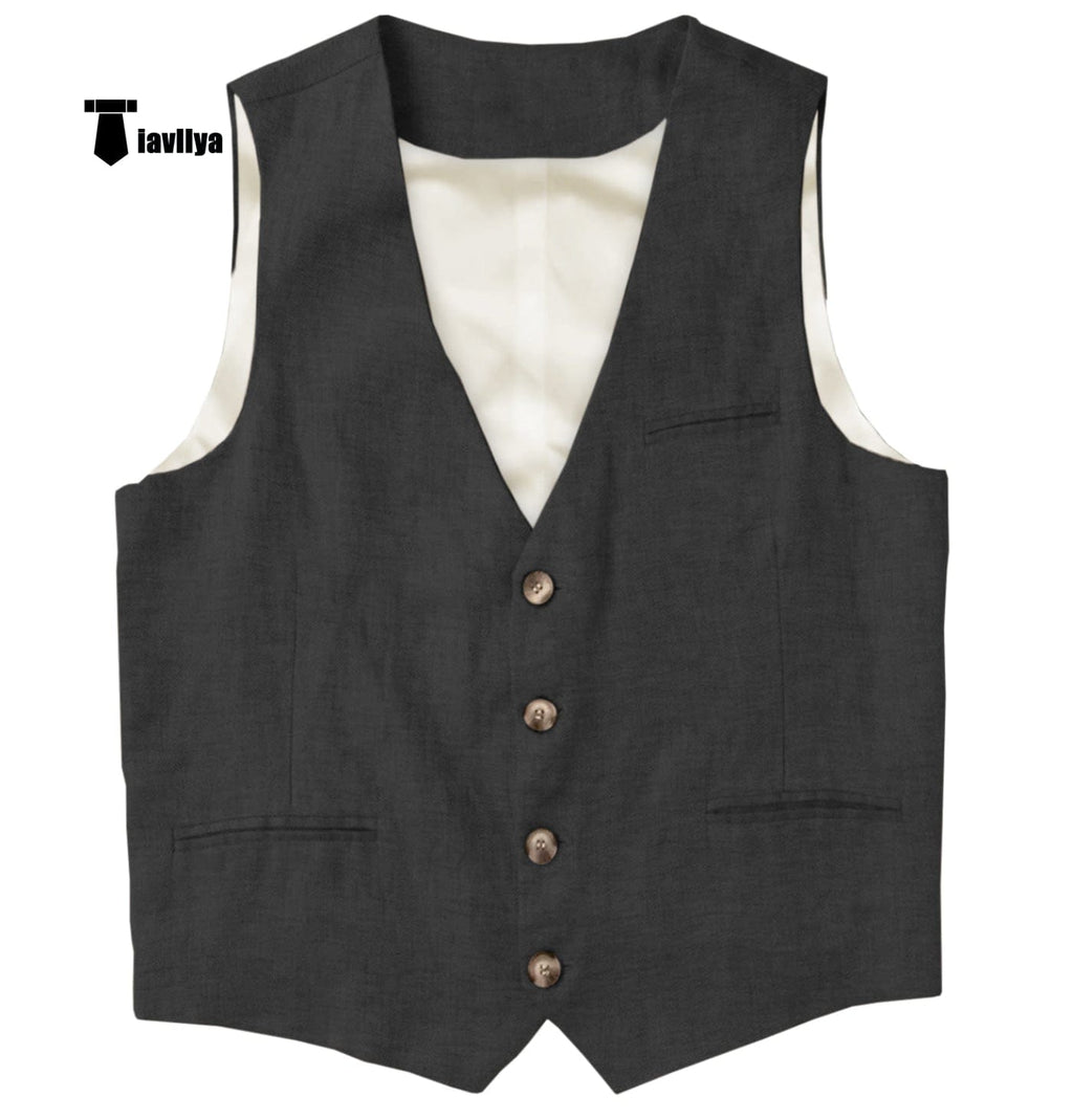 Tiavllya Tiavllya Casual Mens waistcoat Flat Linen V Neck Waistcoat For Wedding