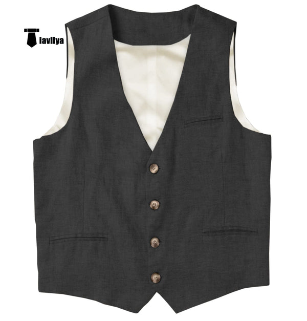 Tiavllya Tiavllya Casual Mens waistcoat Flat Linen V Neck Waistcoat For Wedding