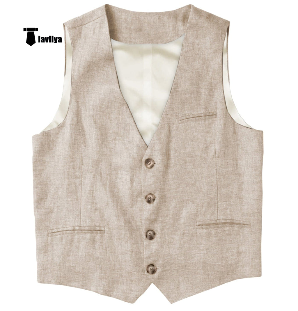 Tiavllya Tiavllya Casual Mens waistcoat Flat Linen V Neck Waistcoat For Wedding