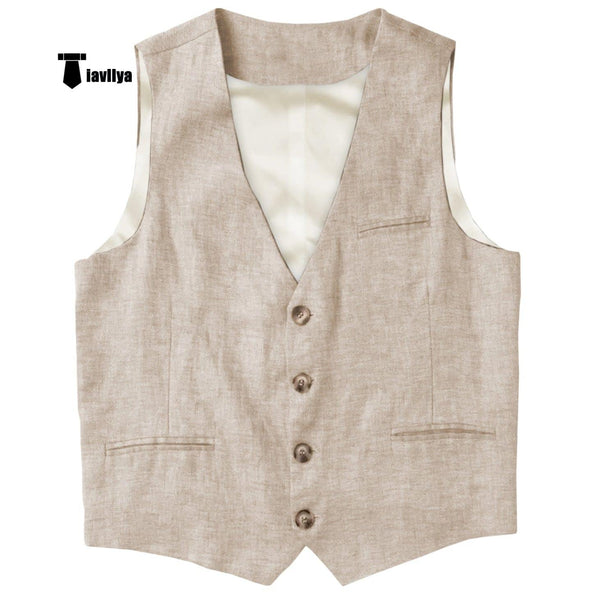 Tiavllya Tiavllya Casual Mens waistcoat Flat Linen V Neck Waistcoat For Wedding