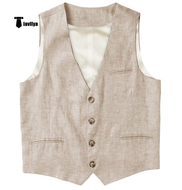 Tiavllya Tiavllya Casual Mens waistcoat Flat Linen V Neck Waistcoat For Wedding