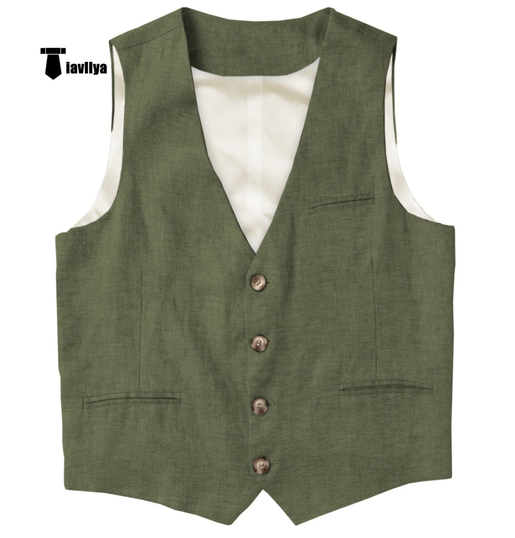 Tiavllya Tiavllya Casual Mens waistcoat Flat Linen V Neck Waistcoat For Wedding
