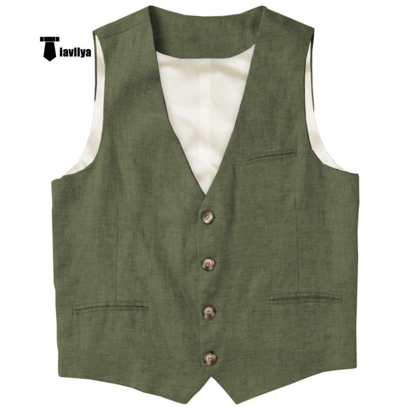 Tiavllya Tiavllya Casual Mens waistcoat Flat Linen V Neck Waistcoat For Wedding
