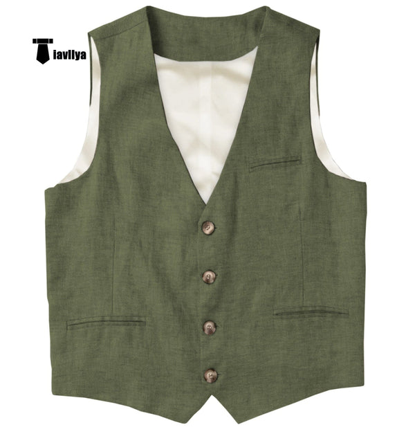 Tiavllya Tiavllya Casual Mens waistcoat Flat Linen V Neck Waistcoat For Wedding