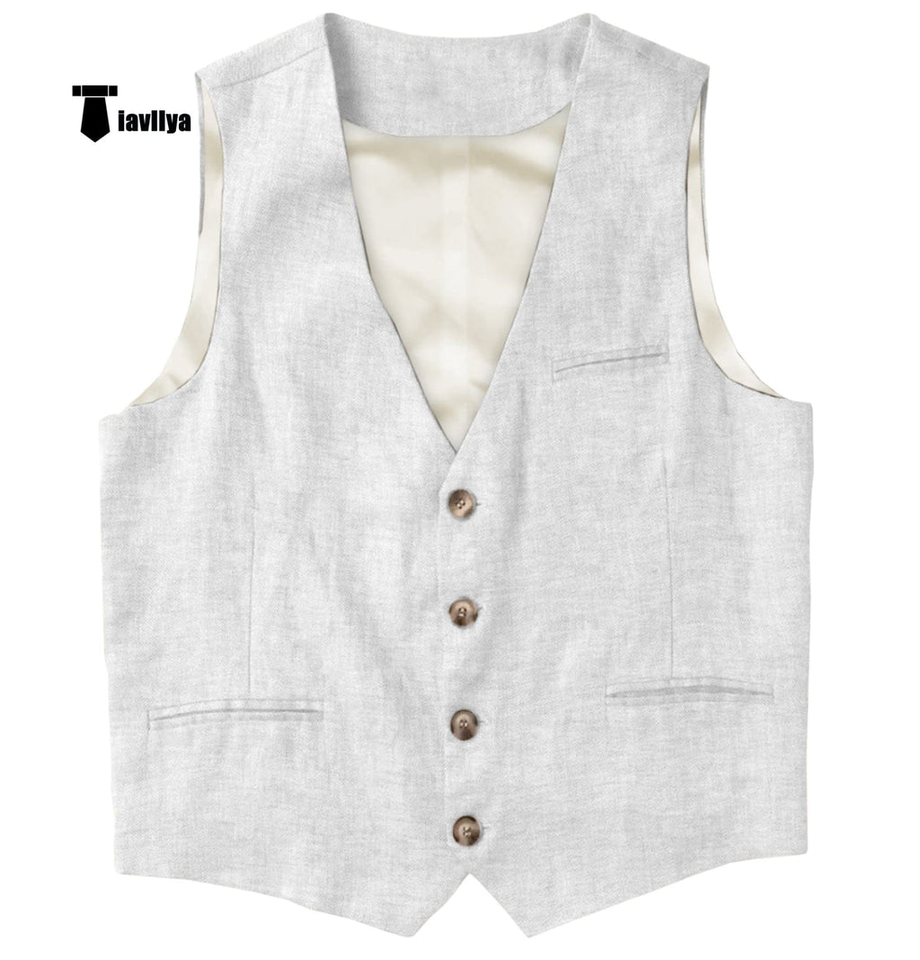 Tiavllya Tiavllya Casual Mens waistcoat Flat Linen V Neck Waistcoat For Wedding