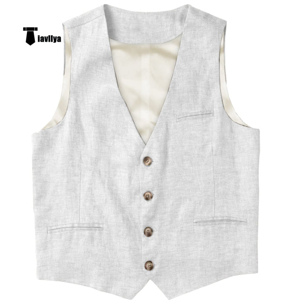 Tiavllya Tiavllya Casual Mens waistcoat Flat Linen V Neck Waistcoat For Wedding