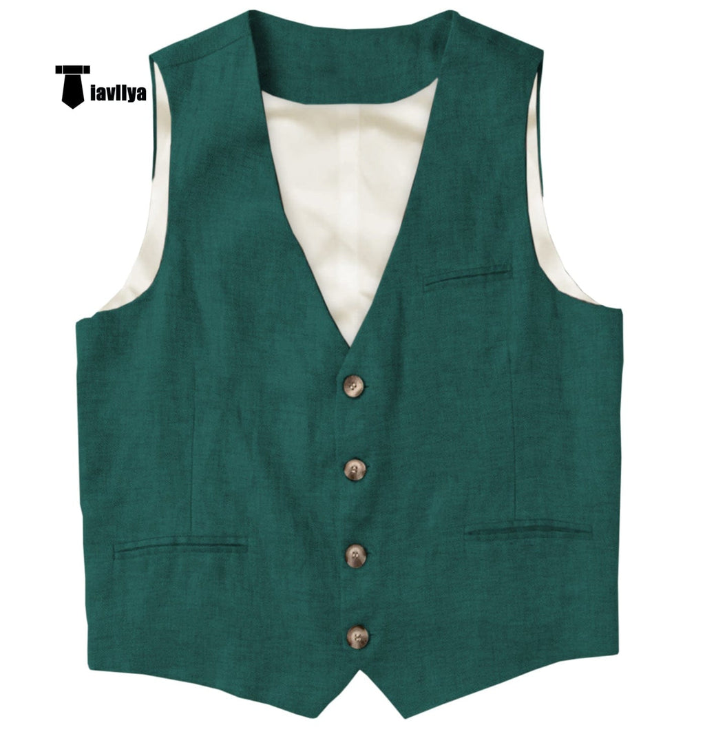 Tiavllya Tiavllya Casual Mens waistcoat Flat Linen V Neck Waistcoat For Wedding