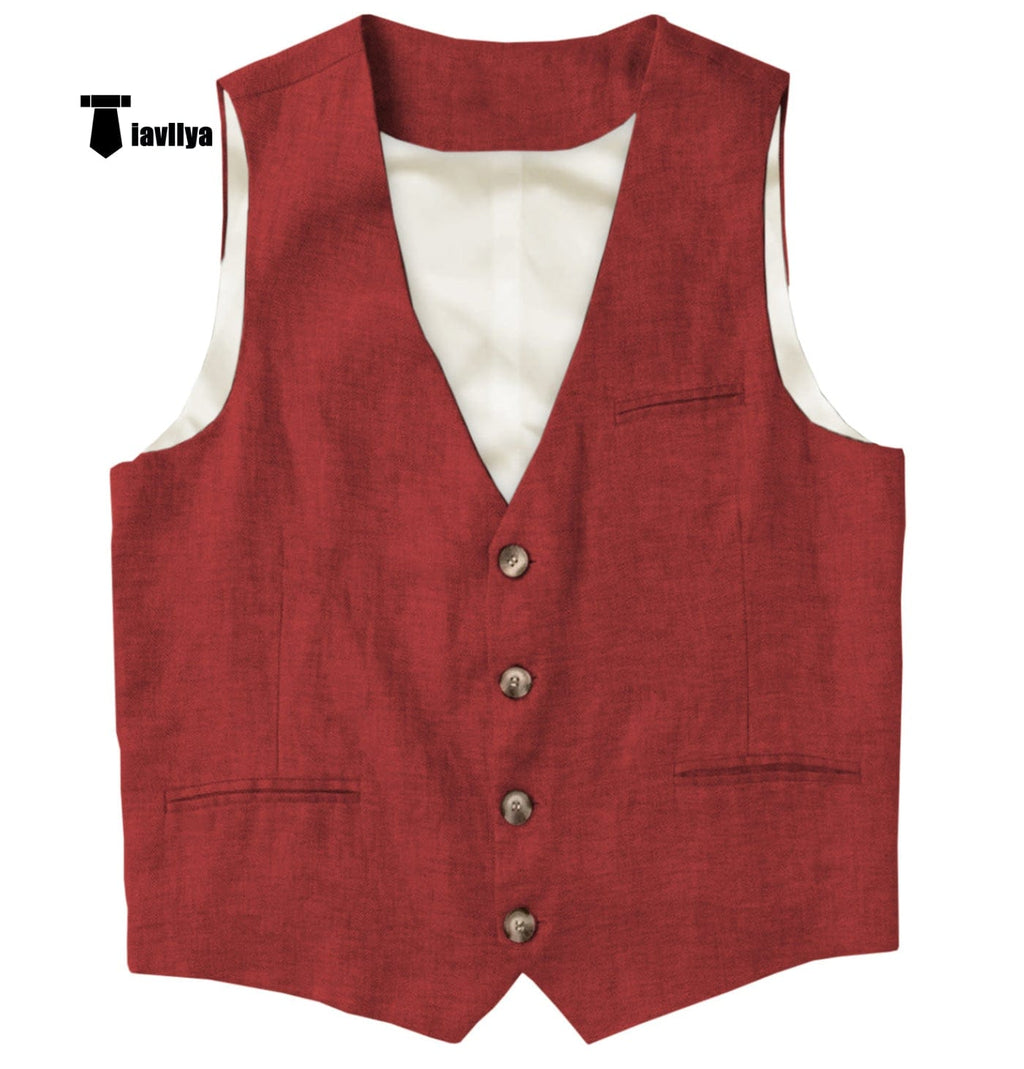 Tiavllya Tiavllya Casual Mens waistcoat Flat Linen V Neck Waistcoat For Wedding