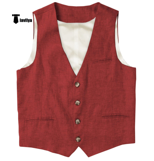 Tiavllya Tiavllya Casual Mens waistcoat Flat Linen V Neck Waistcoat For Wedding