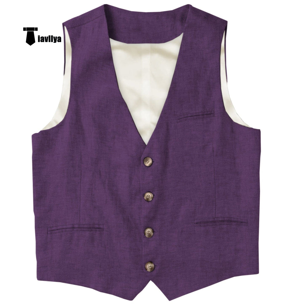 Tiavllya Tiavllya Casual Mens waistcoat Flat Linen V Neck Waistcoat For Wedding