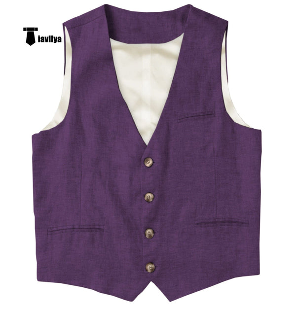 Tiavllya Tiavllya Casual Mens waistcoat Flat Linen V Neck Waistcoat For Wedding