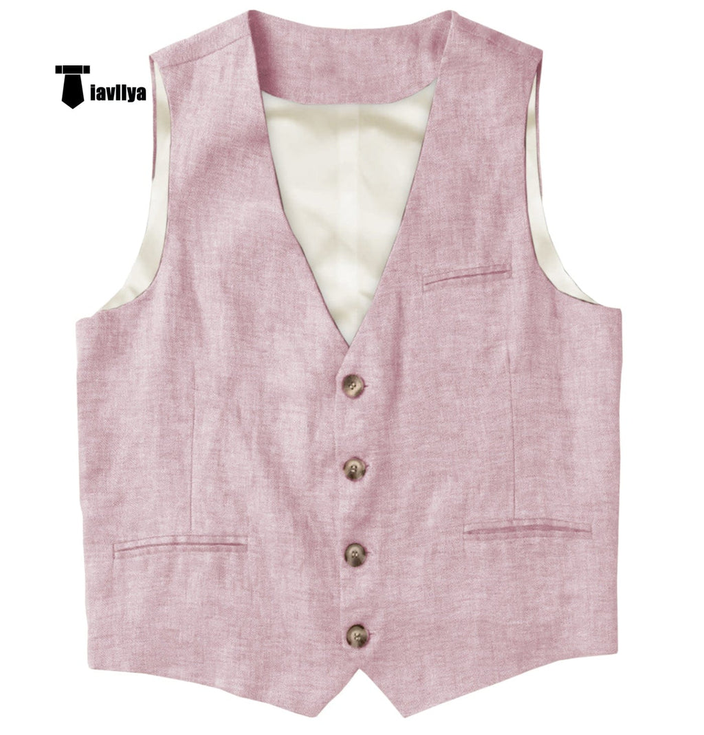 Tiavllya Tiavllya Casual Mens waistcoat Flat Linen V Neck Waistcoat For Wedding