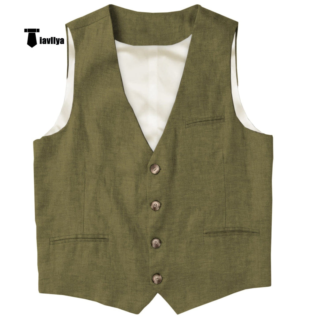 Tiavllya Tiavllya Casual Mens waistcoat Flat Linen V Neck Waistcoat For Wedding