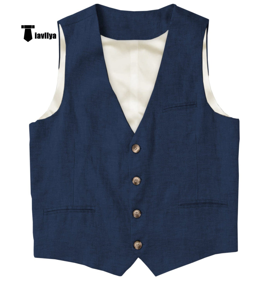 Tiavllya Tiavllya Casual Mens waistcoat Flat Linen V Neck Waistcoat For Wedding
