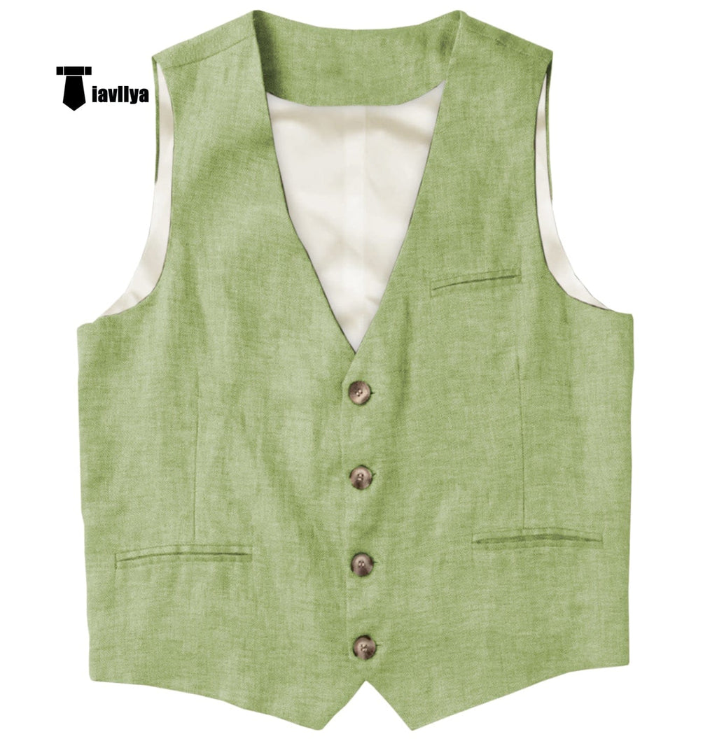 Tiavllya Tiavllya Casual Mens waistcoat Flat Linen V Neck Waistcoat For Wedding