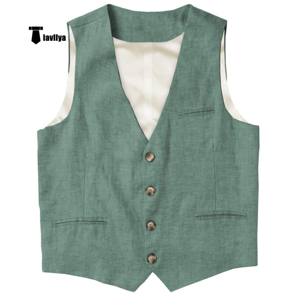 Tiavllya Tiavllya Casual Mens waistcoat Flat Linen V Neck Waistcoat For Wedding