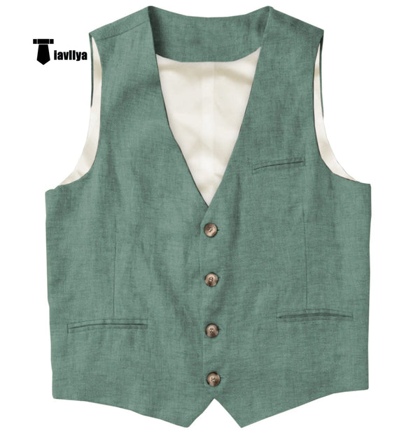 Tiavllya Tiavllya Casual Mens waistcoat Flat Linen V Neck Waistcoat For Wedding