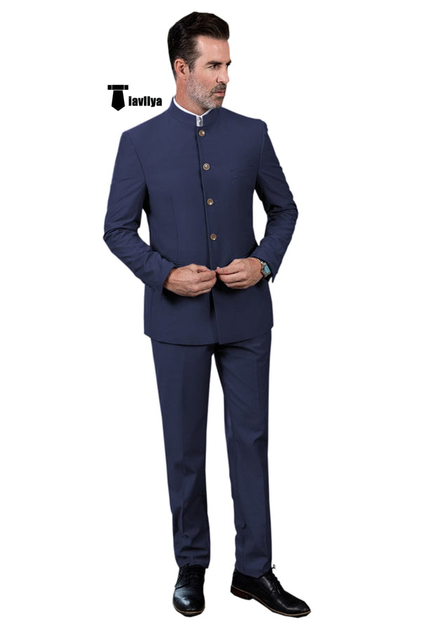 Tiavllya Tiavllya Classic 2 Piece Men's Slim Fit Solid Color Stand Collar Wedding Suit (Blazer+Pants）