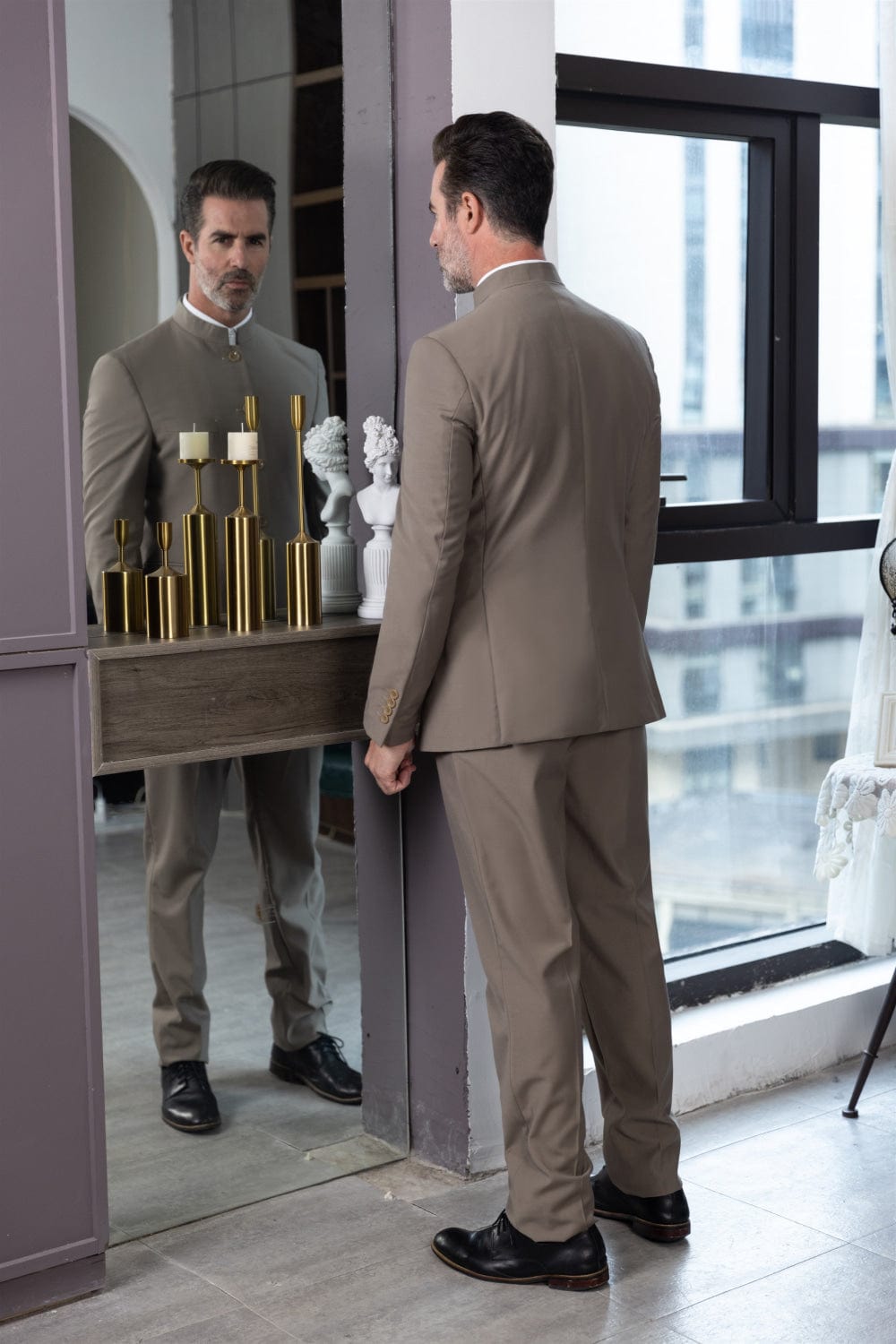 Tiavllya Tiavllya Classic 2 Piece Men's Slim Fit Solid Color Stand Collar Wedding Suit (Blazer+Pants）