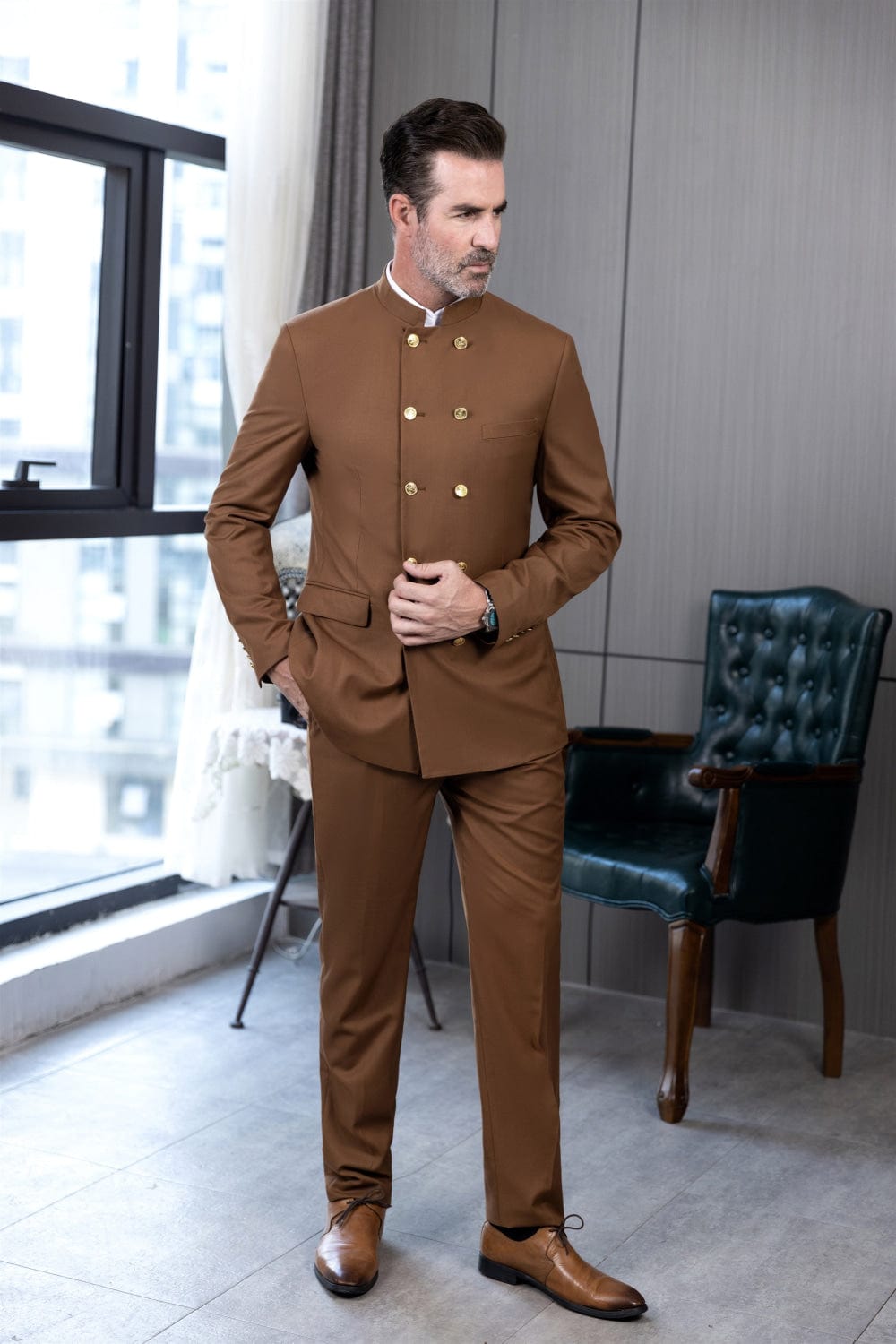 Tiavllya Tiavllya Classic 2 Piece Men's Slim Fit Stand Collar Suit (Blazer+Pants）