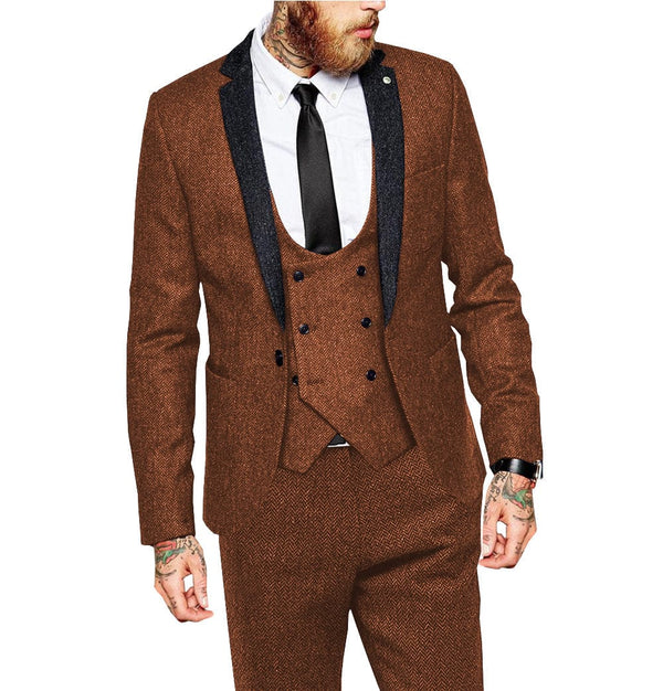 Tiavllya Tiavllya Classical 3 Piece Mens Suit Herringbone Notch Lapel Tuxedo (Blazer Vest+Pants)