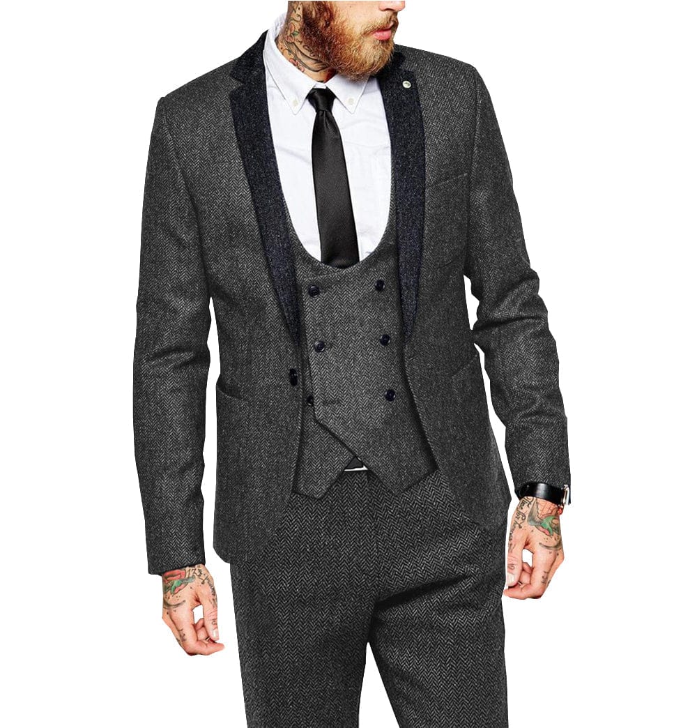 Tiavllya Tiavllya Classical 3 Piece Mens Suit Herringbone Notch Lapel Tuxedo (Blazer Vest+Pants)