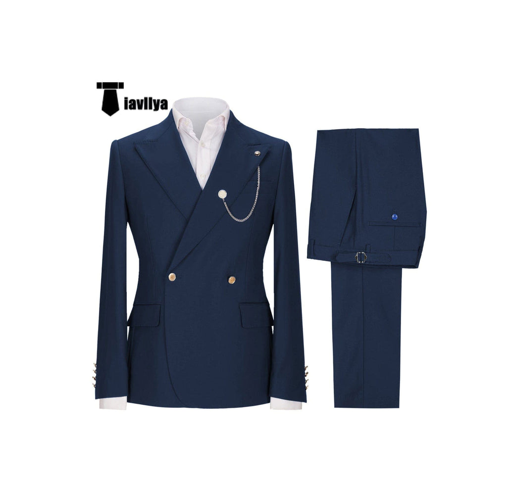 Tiavllya Tiavllya Fashion 2 Pieces Mens Suit Double Breasted Flat Peak Lapel Tuxedos (Blazer+Pants)