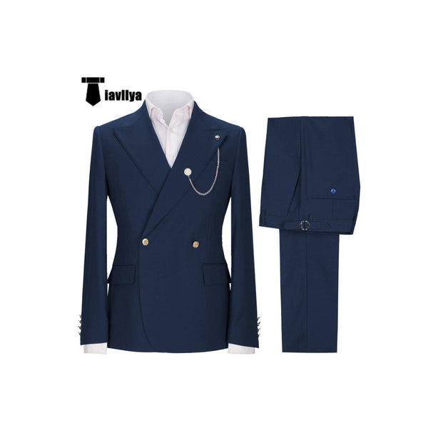 Tiavllya Tiavllya Fashion 2 Pieces Mens Suit Double Breasted Flat Peak Lapel Tuxedos (Blazer+Pants)