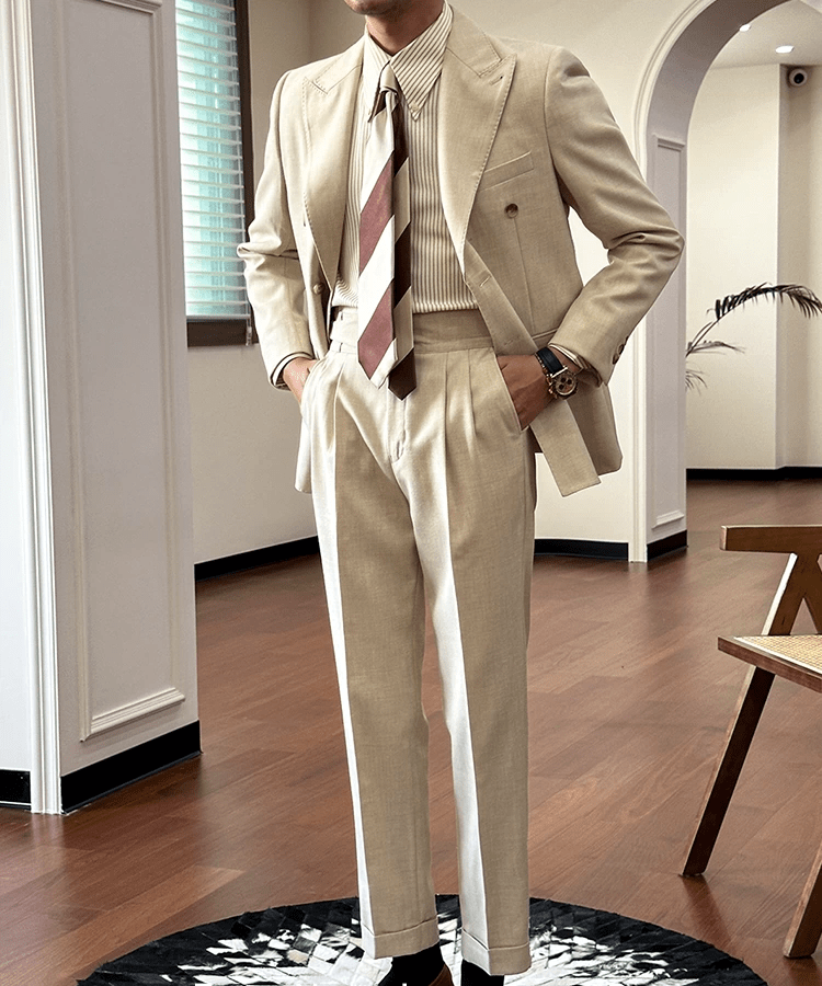 Tiavllya Tiavllya Fashion 2 Pieces Mens Suit Flat Peak Lapel Double Breasted Tuxedos For Wedding (Blazer+Pants)