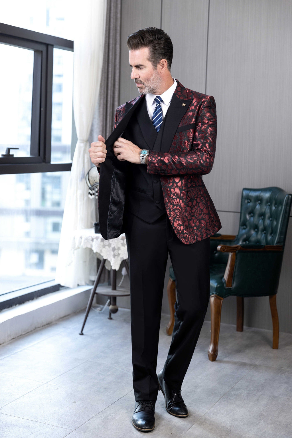 Tiavllya Tiavllya Fashion 3 Pieces Mens Patterned Suit Flat Peak Lapel Tuxedos（Blazer+Vest+Pants）