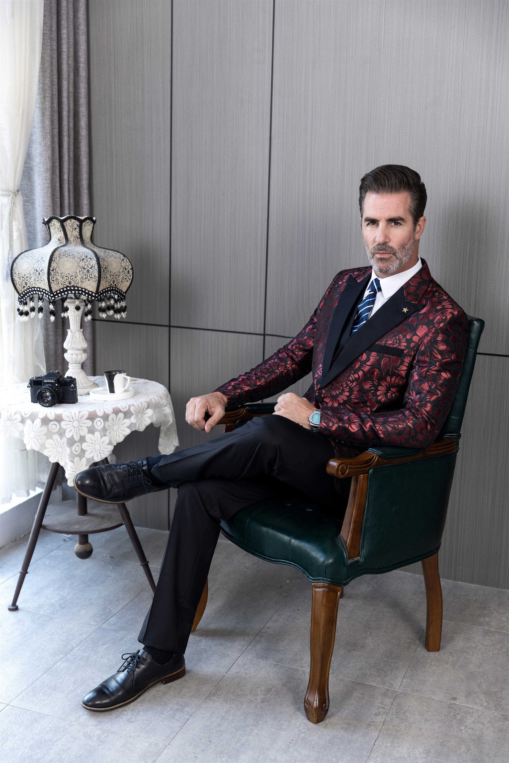 Tiavllya Tiavllya Fashion 3 Pieces Mens Patterned Suit Flat Peak Lapel Tuxedos（Blazer+Vest+Pants）