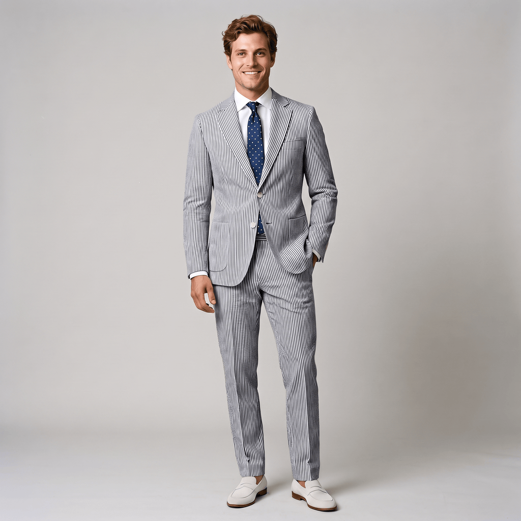 Tiavllya Tiavllya Fashion Men's 2 Pieces Striped Seersucker Notch Lapel Tuxedos (Blazer+Pants)