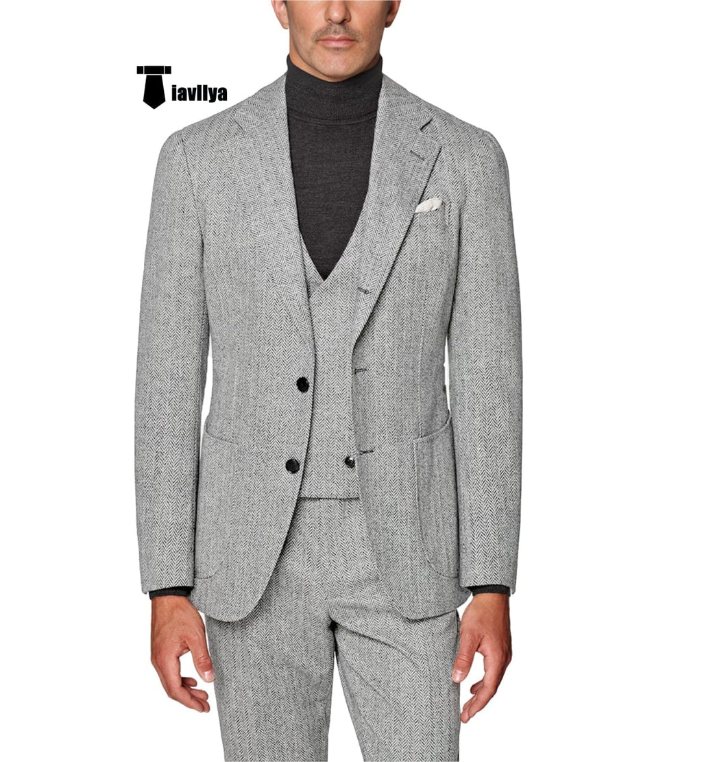 Tiavllya Tiavllya Fashion Men's 3 Piece Suit Herringbone Tweed Notch Lapel Tuxedos (Blazer+vest+Pants)