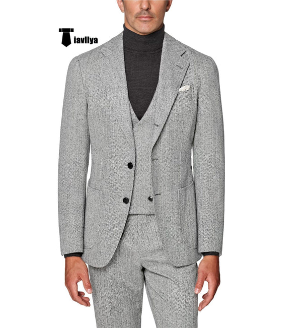 Tiavllya Tiavllya Fashion Men's 3 Piece Suit Herringbone Tweed Notch Lapel Tuxedos (Blazer+vest+Pants)