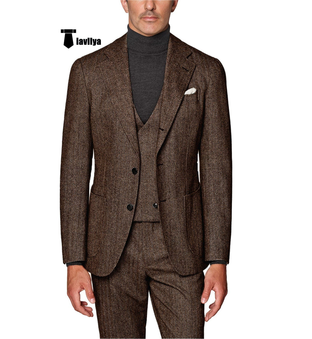 Tiavllya Tiavllya Fashion Men's 3 Piece Suit Herringbone Tweed Notch Lapel Tuxedos (Blazer+vest+Pants)