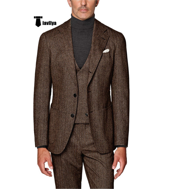 Tiavllya Tiavllya Fashion Men's 3 Piece Suit Herringbone Tweed Notch Lapel Tuxedos (Blazer+vest+Pants)