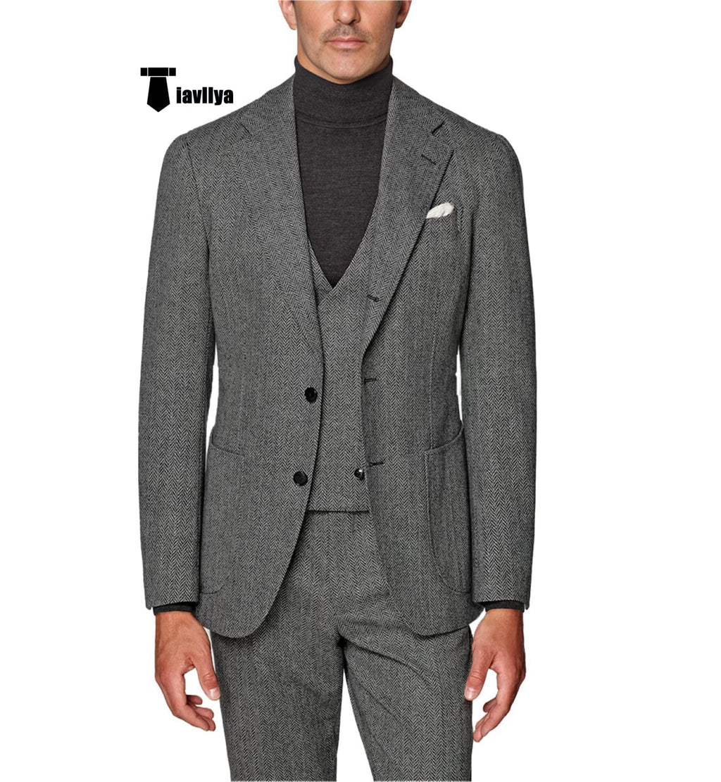 Tiavllya Tiavllya Fashion Men's 3 Piece Suit Herringbone Tweed Notch Lapel Tuxedos (Blazer+vest+Pants)