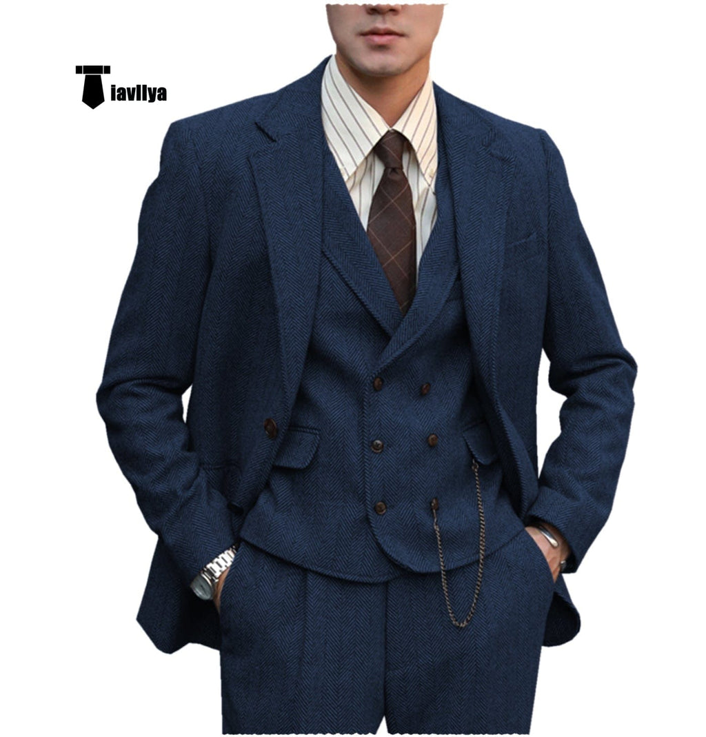 Tiavllya Tiavllya Fashion Men's 3 Piece Suit Herringbone Tweed Notch Lapel Tuxedos (Blazer+vest+Pants)