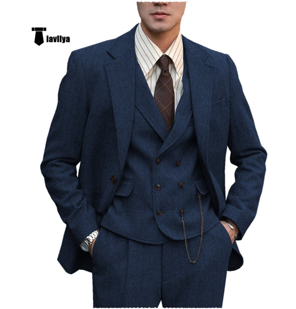 Tiavllya Tiavllya Fashion Men's 3 Piece Suit Herringbone Tweed Notch Lapel Tuxedos (Blazer+vest+Pants)