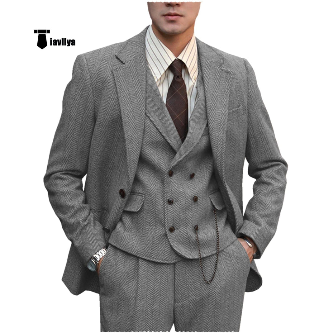 Tiavllya Tiavllya Fashion Men's 3 Piece Suit Herringbone Tweed Notch Lapel Tuxedos (Blazer+vest+Pants)