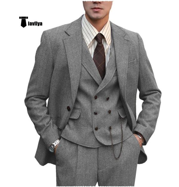 Tiavllya Tiavllya Fashion Men's 3 Piece Suit Herringbone Tweed Notch Lapel Tuxedos (Blazer+vest+Pants)