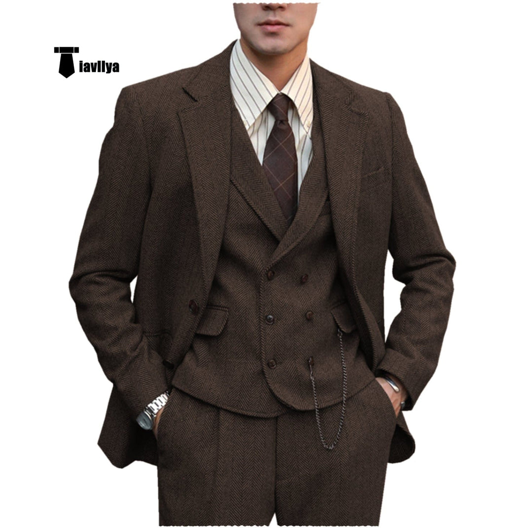 Tiavllya Tiavllya Fashion Men's 3 Piece Suit Herringbone Tweed Notch Lapel Tuxedos (Blazer+vest+Pants)