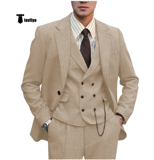 Tiavllya Tiavllya Fashion Men's 3 Piece Suit Herringbone Tweed Notch Lapel Tuxedos (Blazer+vest+Pants)