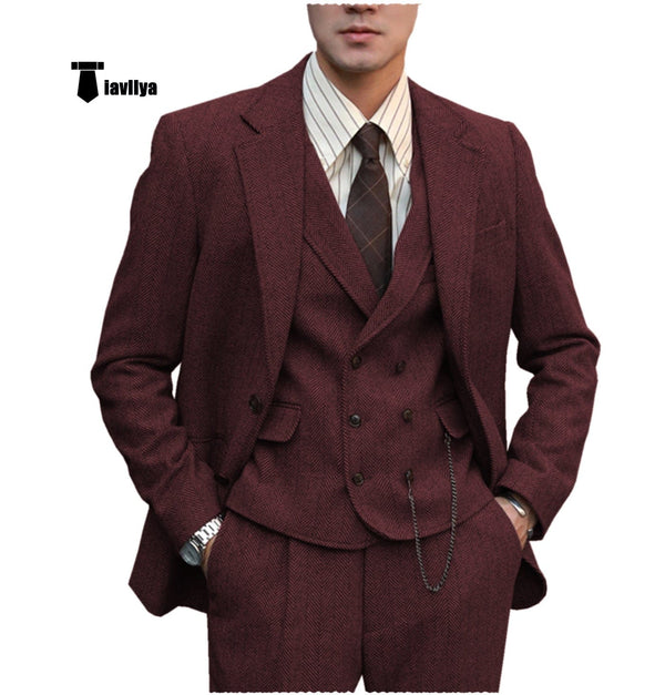 Tiavllya Tiavllya Fashion Men's 3 Piece Suit Herringbone Tweed Notch Lapel Tuxedos (Blazer+vest+Pants)